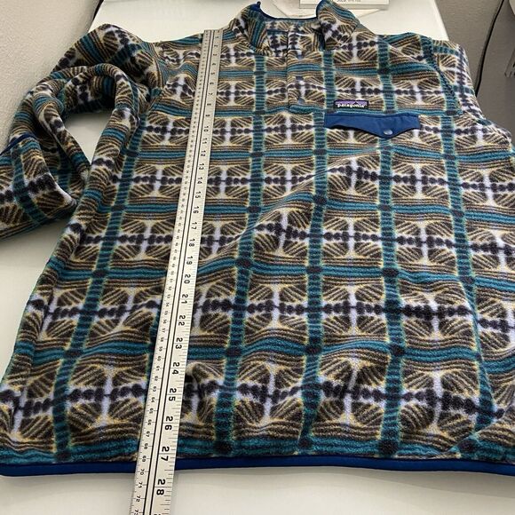 Patagonia Teal Blue White Brown Geometric Snap Fleece Pullover - Picture 7 of 8